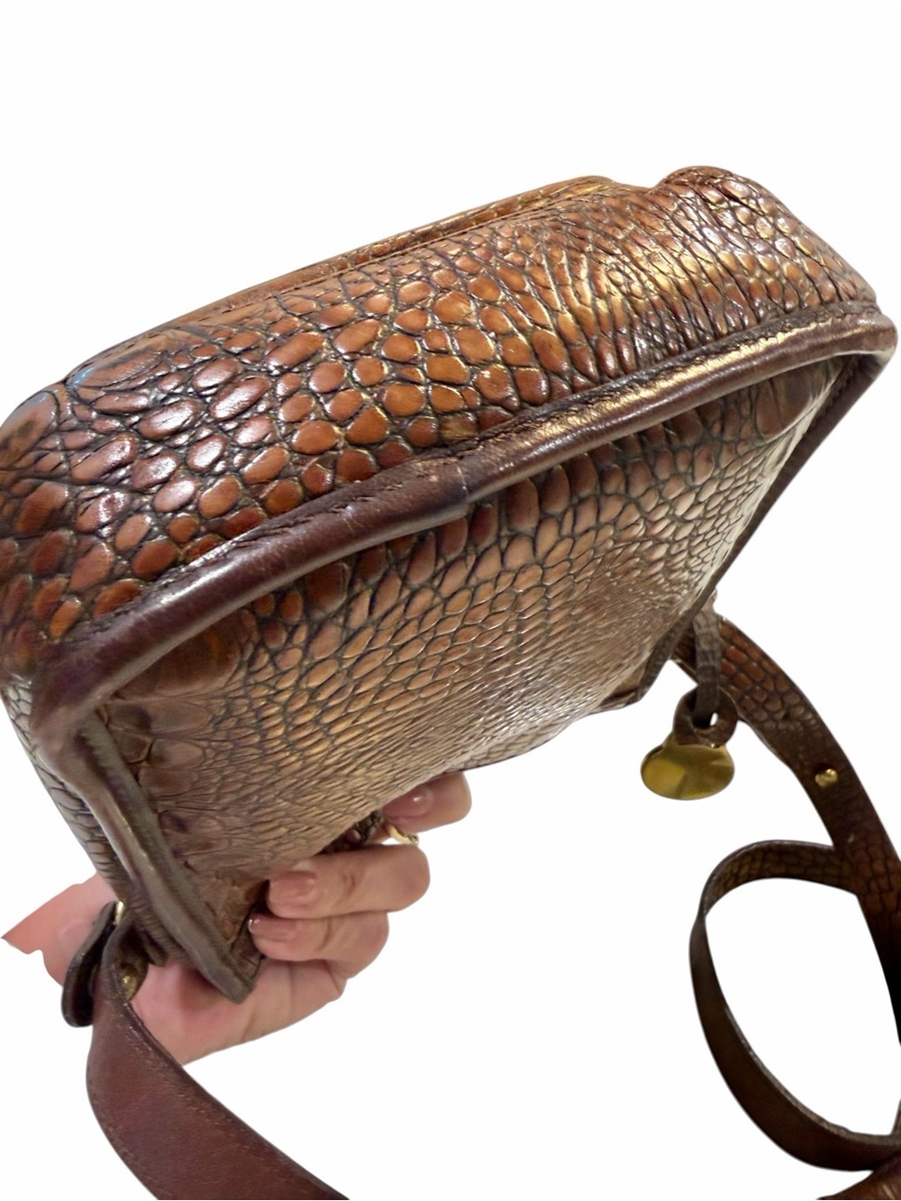 Vintage Brahmin Brown Croc-Embossed Leather Flap North South Crossbody Bag - Picture 12 of 17